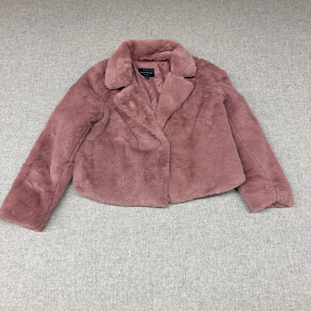 Haute Monde Faux Fur Jacket Medium Pink Cropped Plush Notched Lapel HMJ20702 Coa
